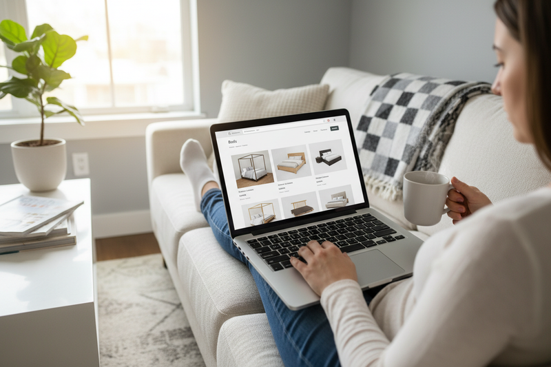 someone searching for a bed on a laptop 